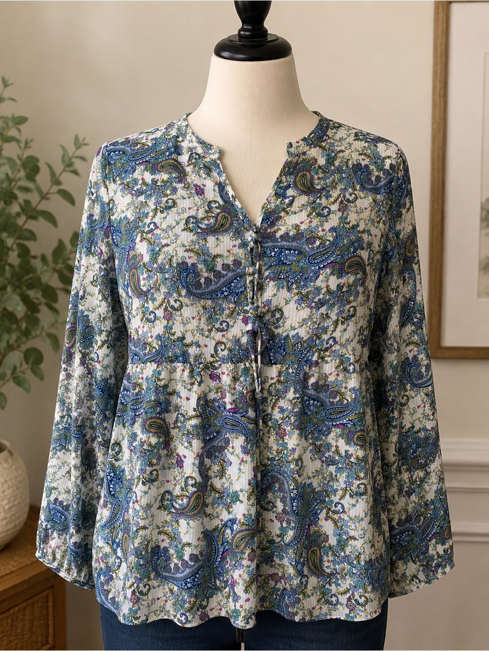 Paisley V-Neck Blouse in White and Blue
